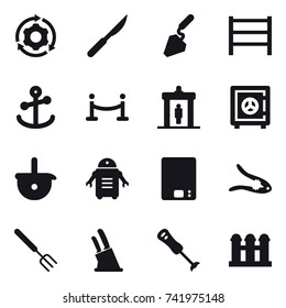 16 vector icon set : around gear, construction, vip fence, detector, safe, kitchen scales, walnut crack, big fork, knife holder, grain elevator