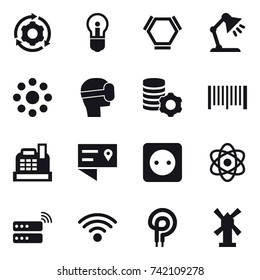 16 vector icon set : around gear, bulb, hex molecule, table lamp, round around, virtual mask, virtual mining, barcode, cashbox, power socket, windmill