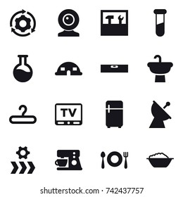 16 vector icon set : around gear, web cam, tools, dome house, level, hanger, tv, fridge, satellite antenna, foam basin