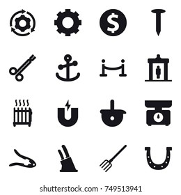 16 vector icon set : around gear, gear, dollar coin, nail, vip fence, detector, radiator, kitchen scales, walnut crack, knife holder, fork, horseshoe