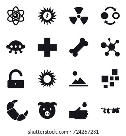 16 vector icon set : atom, sun power, nuclear, quantum bond, ufo, unlock, sun, landscape, pig, hand drop, drying clothe