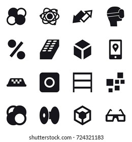 16 vector icon set : atom core, atom, up down arrow, virtual mask, percent, brick, 3d, taxi, ring button, rack