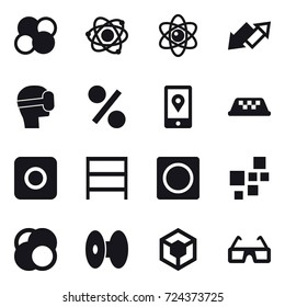 16 vector icon set : atom core, atom, up down arrow, virtual mask, percent, taxi, ring button, rack
