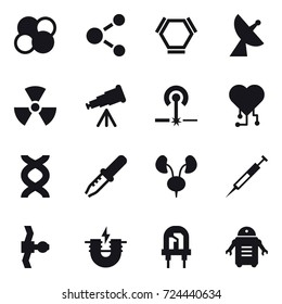 16 vector icon set : atom core, molecule, hex molecule, satellite antenna, nuclear, telescope, laser, cardio chip