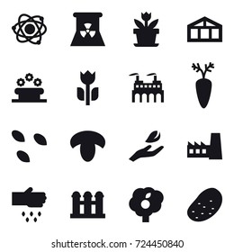 16 vector icon set : atom, nuclear power, flower, greenhouse, flower bed, seeds, mushroom, hand leaf, factory, sow, grain elevator, garden, potato