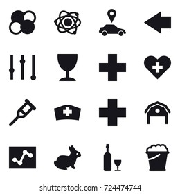 16 vector icon set : atom core, atom, car pointer, left arrow, equalizer, wineglass, barn, rabbit, wine, foam bucket