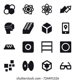 16 vector icon set : atom core, atom, up down arrow, virtual mask, brick, 3d, taxi, ring button, rack