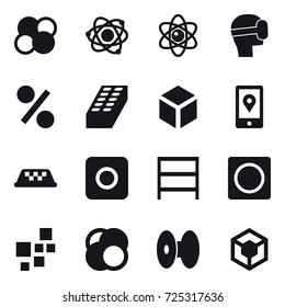 16 vector icon set : atom core, atom, virtual mask, percent, brick, 3d, taxi, ring button, rack