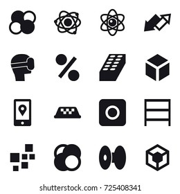 16 vector icon set : atom core, atom, up down arrow, virtual mask, percent, brick, 3d, taxi, ring button, rack