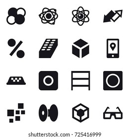 16 vector icon set : atom core, atom, up down arrow, percent, brick, 3d, taxi, ring button, rack