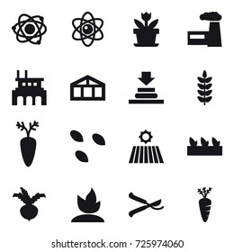 16 vector icon set : atom, flower, factory, greenhouse, seeds, field, seedling, beet, sprouting, pruner, carrot