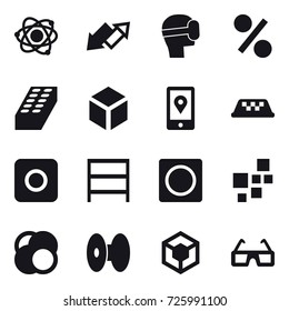 16 vector icon set : atom, up down arrow, virtual mask, percent, brick, 3d, taxi, ring button, rack