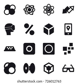 16 vector icon set : atom core, atom, up down arrow, virtual mask, percent, 3d, taxi, ring button