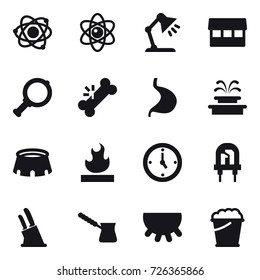 16 vector icon set : atom, table lamp, market, magnifier, fountain, stadium, watch, knife holder, turk, udder, foam bucket