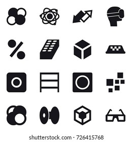 16 vector icon set : atom core, atom, up down arrow, virtual mask, percent, brick, 3d, taxi, ring button, rack
