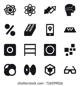 16 vector icon set : atom, up down arrow, virtual mask, percent, brick, taxi, ring button, rack