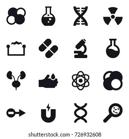 16 vector icon set : atom core, round flask, dna, nuclear, electrostatic, viruses