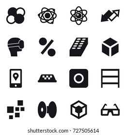 16 vector icon set : atom core, atom, up down arrow, virtual mask, percent, brick, 3d, taxi, ring button, rack