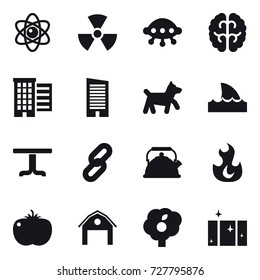 16 vector icon set : atom, nuclear, ufo, houses, skyscraper, dog, shark flipper, table, kettle, barn, garden, clean  window