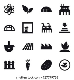 16 vector icon set : atom, hangare, factory, greenhouse, flower in window, field, seedling, sprouting, grain elevator, carrot, potato, ecology