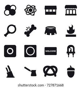 16 vector icon set : atom core, atom, market, magnifier, stadium, ring button, welcome mat, knife holder, turk, acorn
