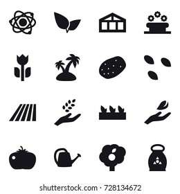 16 vector icon set : atom, greenhouse, flower bed, island, seeds, field, harvest, seedling, hand leaf, tomato, watering can, garden, fertilizer