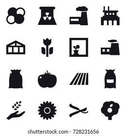 16 vector icon set : atom core, nuclear power, factory, greenhouse, flower in window, field, flour, harvest, flower, pruner, garden