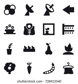 16 vector icon set : atom core, satellite antenna, left arrow, flower bed, life vest, flower in window, watering, seedling, pear, sprouting, garden, carrot, peas, hanger