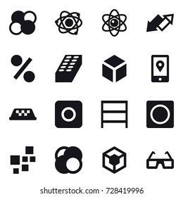 16 vector icon set : atom core, atom, up down arrow, percent, brick, 3d, taxi, ring button, rack