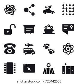 16 vector icon set : atom, molecule, eco car, chip, unlock, atm receipt, flower bed, transfer, pets, field, clean  window