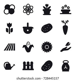 16 vector icon set : atom core, atom, flower, flower bed, field, corn, hand leaf, watering can, grain elevator, potato, fertilizer