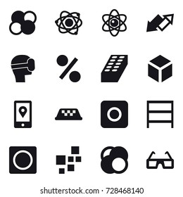 16 vector icon set : atom core, atom, up down arrow, virtual mask, percent, brick, 3d, taxi, ring button, rack