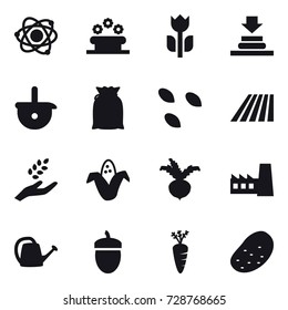 16 vector icon set : atom, flower bed, seeds, field, harvest, corn, beet, factory, watering can, acorn, carrot, potato