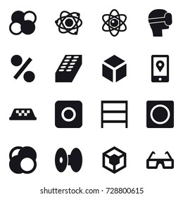 16 vector icon set : atom core, atom, virtual mask, percent, brick, 3d, taxi, ring button, rack