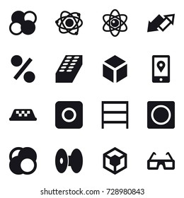 16 vector icon set : atom core, atom, up down arrow, percent, brick, 3d, taxi, ring button, rack