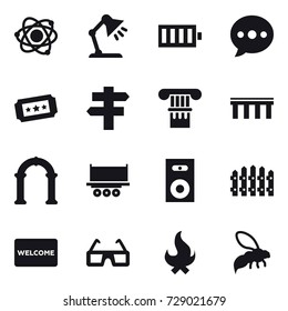 16 vector icon set : atom, table lamp, battery, ballon, ticket, singlepost, column, bridge, arch, speaker, fence, welcome mat, fire, wasp