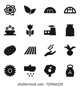 16 vector icon set : atom, hangare, greenhouse, flower bed, field, harvest, beet, flower, sow, garden, fertilizer