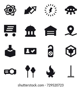 16 vector icon set : atom, up down arrow, lightning, ufo, delivery, goverment house, garage, check in, do not distrub, trees, fire, rake