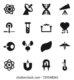 16 vector icon set : atom, satellite antenna, dna, telescope, laser, vial, electrostatic, cardio chip, thermometer