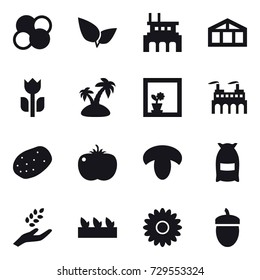 16 vector icon set : atom core, factory, greenhouse, island, flower in window, mushroom, flour, harvest, seedling, flower, acorn