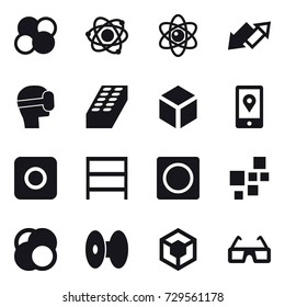 16 vector icon set : atom core, atom, up down arrow, virtual mask, brick, 3d, ring button, rack