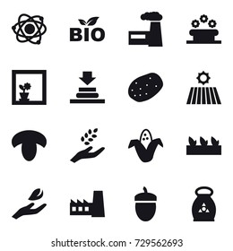 16 vector icon set : atom, bio, factory, flower bed, flower in window, field, mushroom, harvest, corn, seedling, hand leaf, acorn, fertilizer