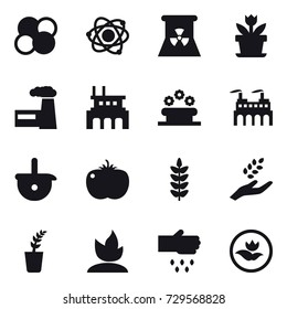 16 vector icon set : atom core, atom, nuclear power, flower, factory, flower bed, harvest, seedling, sprouting, sow, ecology