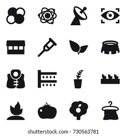 16 vector icon set : atom core, atom, satellite antenna, eye identity, market, stadium, life vest, watering, seedling, sprouting, tomato, garden, hanger