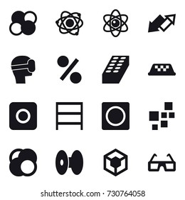 16 vector icon set : atom core, atom, up down arrow, virtual mask, percent, brick, taxi, ring button, rack