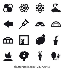 16 vector icon set : atom core, atom, electric car, left arrow, dome house, greenhouse, flower in window, seedling, sprouting, garden, carrot, garden cleaning