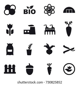 16 vector icon set : atom core, bio, atom, hangare, flour, seedling, beet, pruner, grain elevator, acorn, carrot, ecology