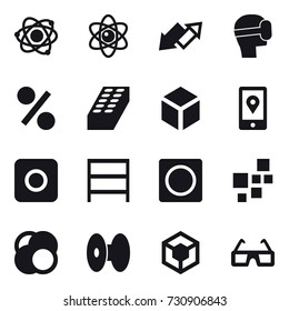 16 vector icon set : atom, up down arrow, virtual mask, percent, brick, 3d, ring button, rack