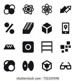 16 vector icon set : atom core, atom, up down arrow, percent, brick, 3d, taxi, ring button, rack