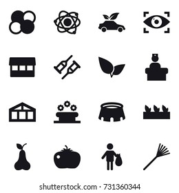 16 vector icon set : atom core, atom, eco car, eye identity, market, greenhouse, flower bed, stadium, seedling, pear, tomato, trash, rake